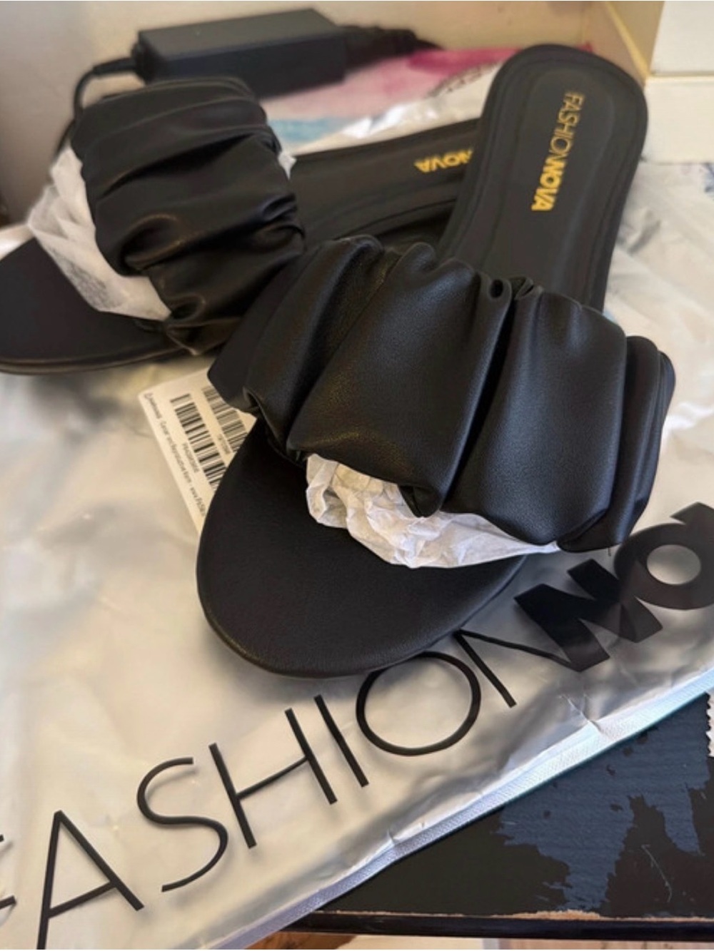 Fashion Nova Black Ruched Slide Mules